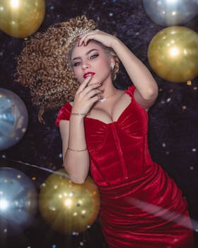 A woman in a red dress with balloons, exuding elegance and celebration. Perfect for festive themes.